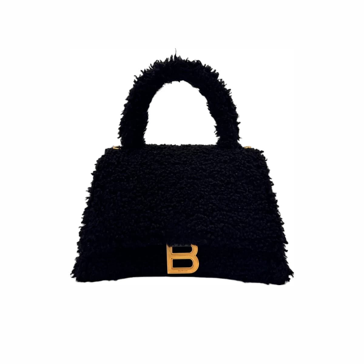BALENCIAGA 발렌시아가 블랙 시어링 퍼리 아워 글래스 스몰 토트백 울·캐시미어
