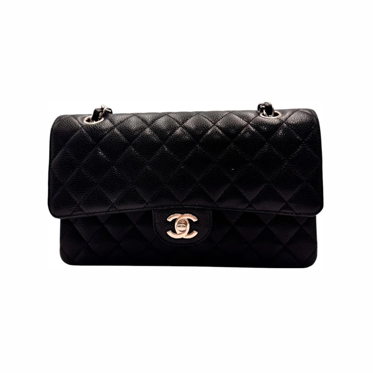 CHANEL 샤넬 클래식 미듐 체인 플랩백 캐비어 블랙 은장 내장칩
