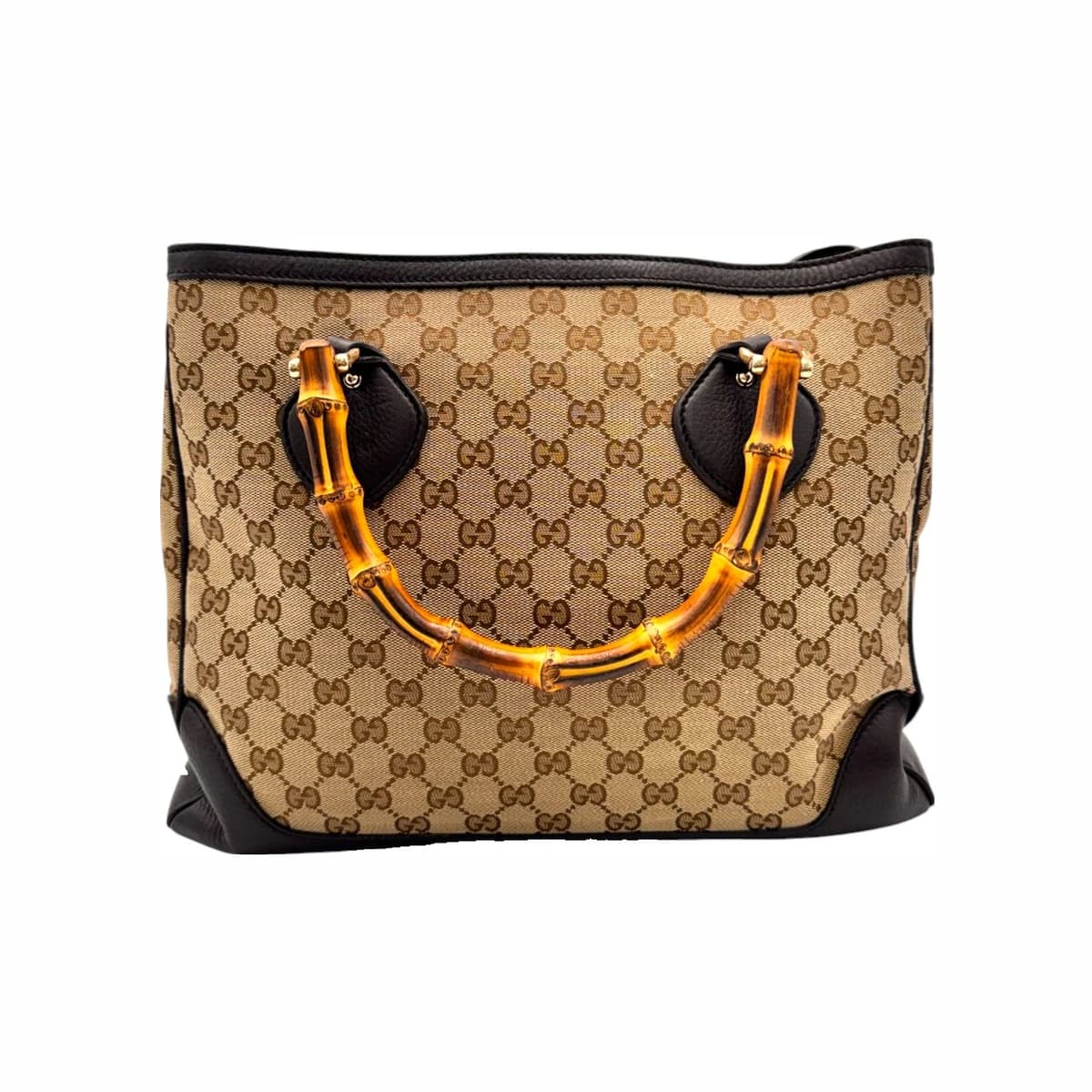 GUCCI 구찌 브라운 GG 캔버스 레더 뱀부 다이애나 토트백