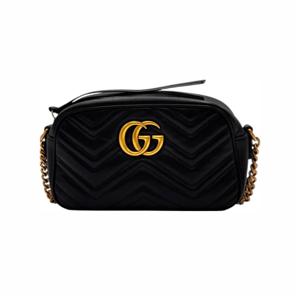 GUCCI 구찌 블랙 레더 GG마몽 마틀라세 스몰 체인 숄더백 가죽