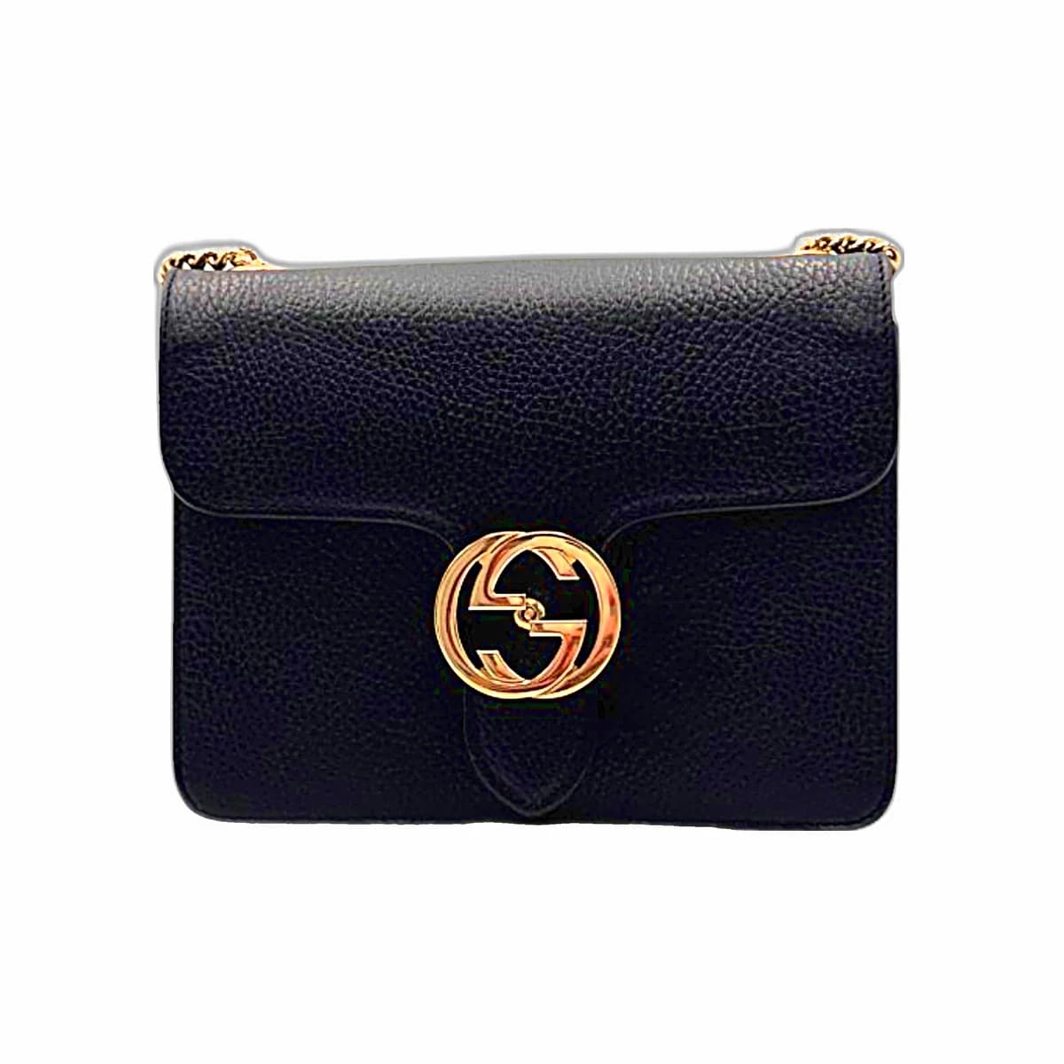GUCCI 구찌 블랙 레더 GG로고 인터로킹 체인 숄더백 가죽