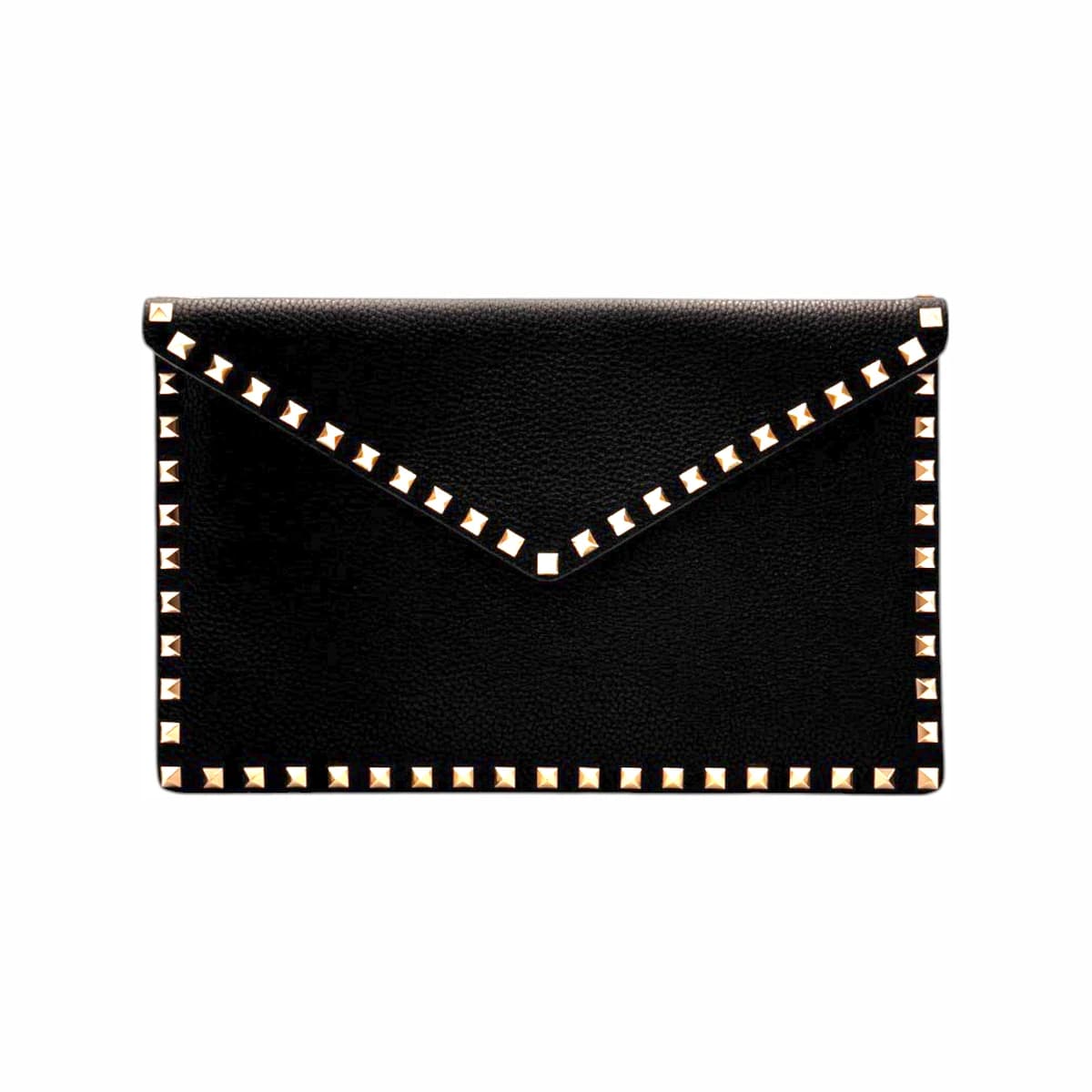 VALENTINO 발렌티노 블랙 레더 락스터드 엔벨로프 클러치백 가죽