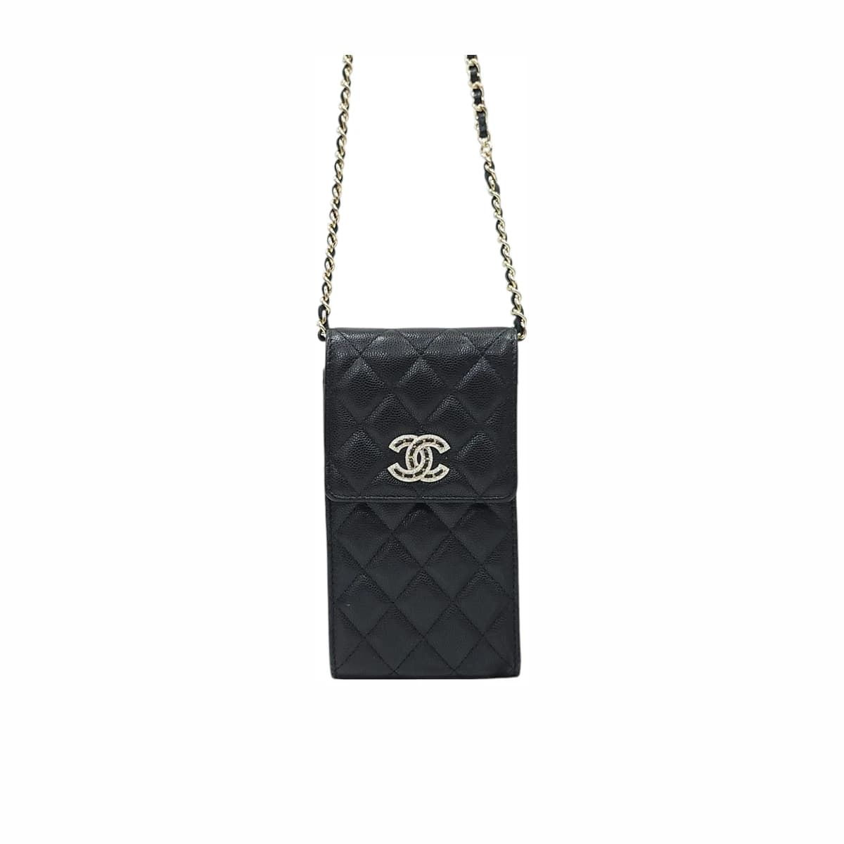 CHANEL 샤넬 19 폰홀더 위드 체인 크로스백 블랙 캐비어 금장 32번대