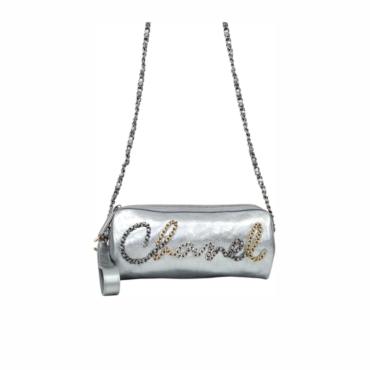 CHANEL 샤넬 시즌 CC로고 메탈릭 실버 퀄팅 카프스킨 체인 레터링 실린더백