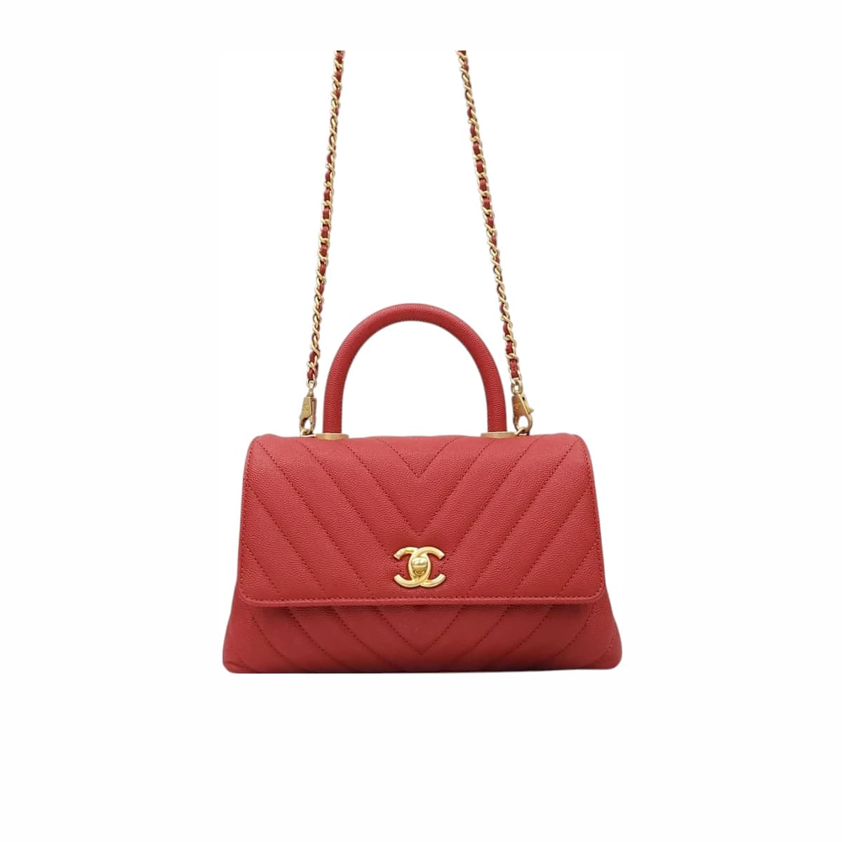 CHANEL 샤넬 코코핸들 쉐브론 스몰 플랩백 레드 캐비어 금장