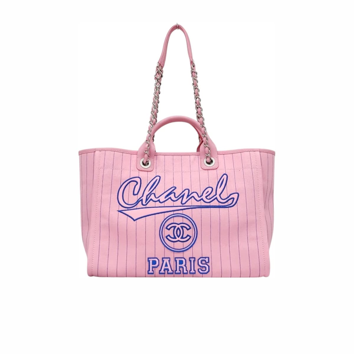 CHANEL 샤넬 핀 스트라이프 캔버스 도빌 라지 쇼핑 토트백 핑크 내장칩