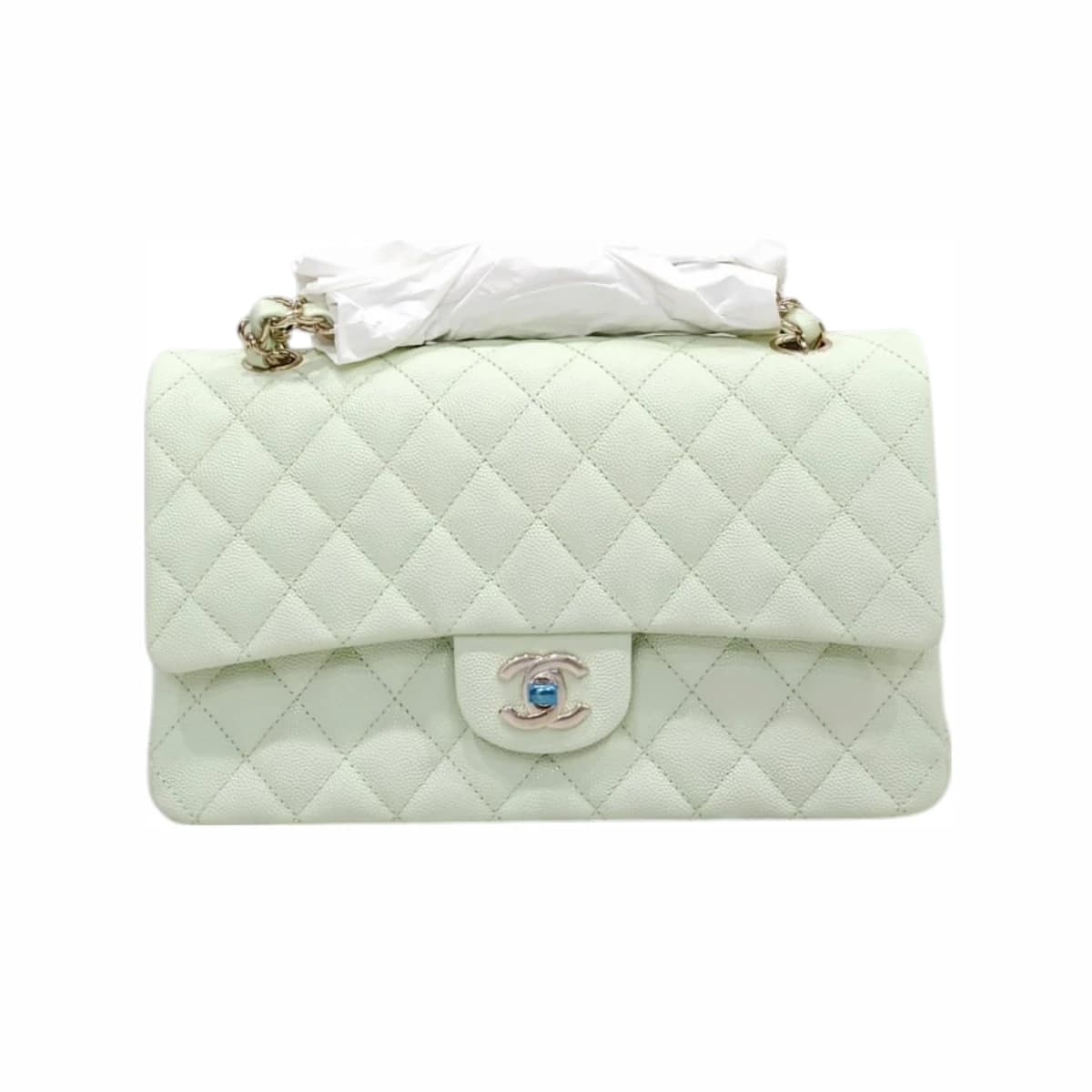 CHANEL 샤넬 캐비어 연민트 클래식 미듐 플랩백 가죽
