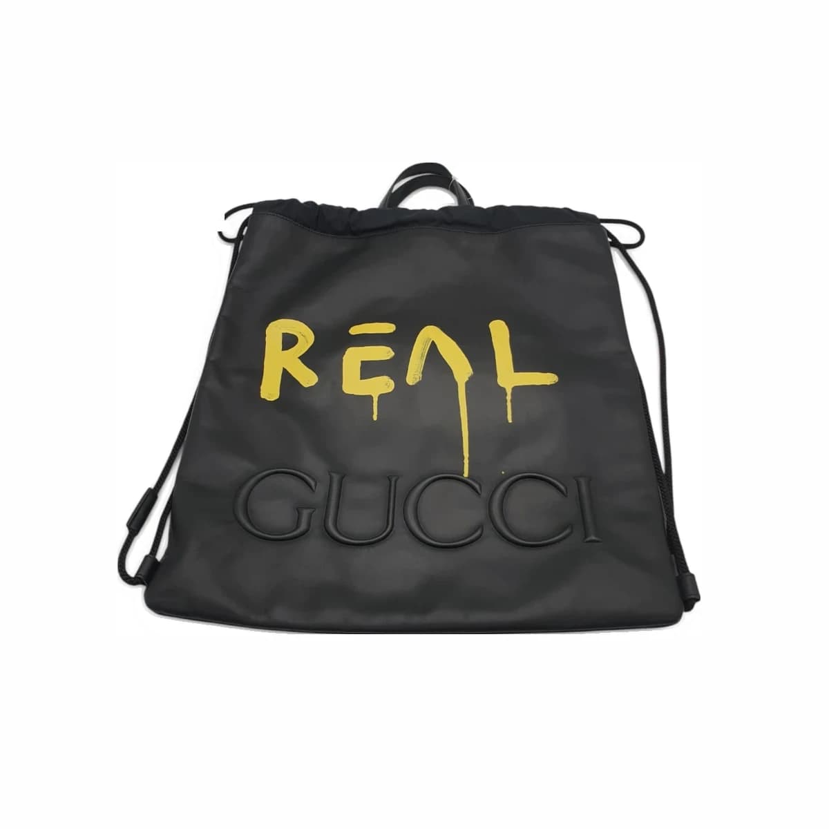GUCCI 구찌 블랙 레더 고스트 옐로우 페인팅 드로우스트링 백팩 가죽