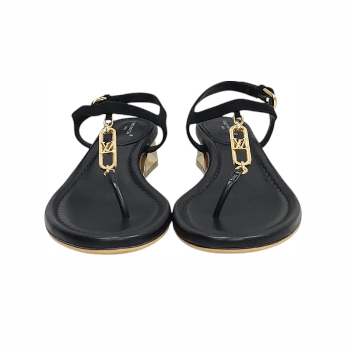 LOUIS VUITTON 루이비통 LV 골드 메탈 로고 샌들 35 블랙